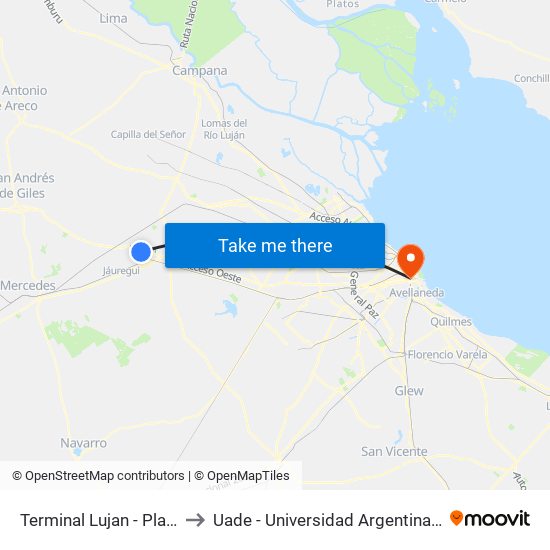 Terminal Lujan - Plataforma 21 to Uade - Universidad Argentina De La Empresa map