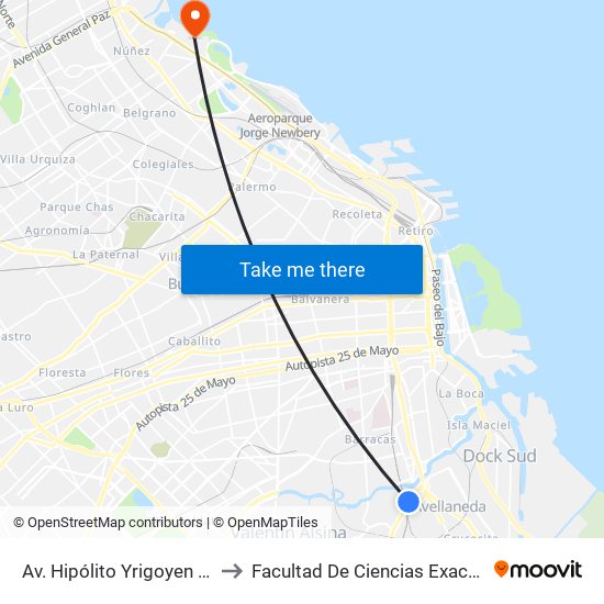 Av. Hipólito Yrigoyen Y Obreros De La Negra to Facultad De Ciencias Exactas Y Naturales - Pabellón 2 map