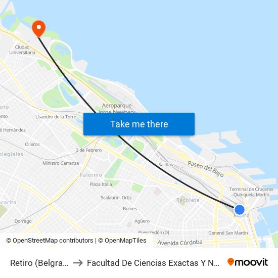 Retiro (Belgrano Norte) to Facultad De Ciencias Exactas Y Naturales - Pabellón 2 map