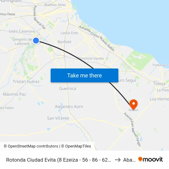 Rotonda Ciudad Evita (8 Ezeiza - 56 - 86 - 621 Ramos Mejía) to Abasto map