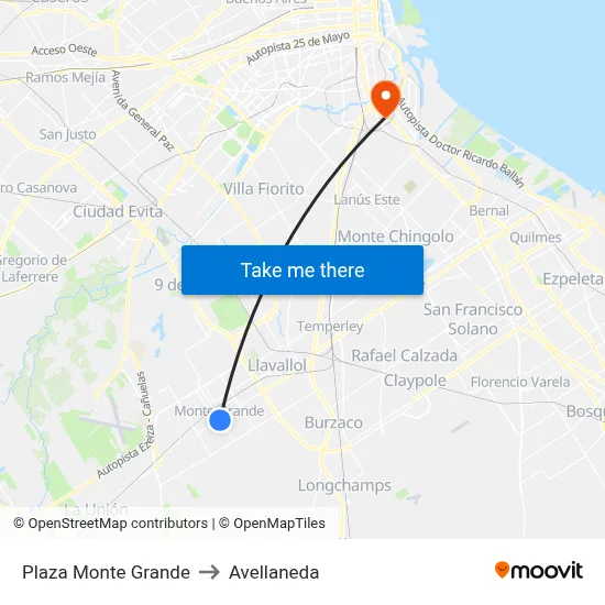 Plaza Monte Grande to Avellaneda map