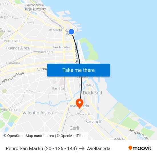 Retiro San Martín (20 - 126 - 143) to Avellaneda map
