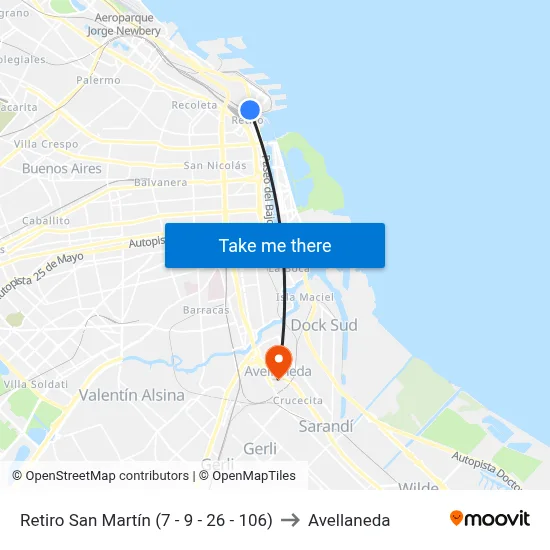Retiro San Martín (7 - 9 - 26 - 106) to Avellaneda map