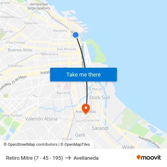 Retiro Mitre (7 - 45 - 195) to Avellaneda map