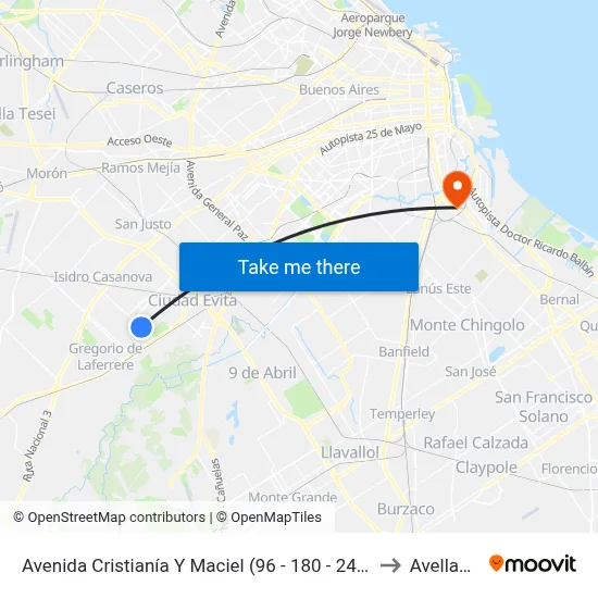 Avenida Cristianía Y Maciel (96 - 180 - 242 - 624 - 630) to Avellaneda map