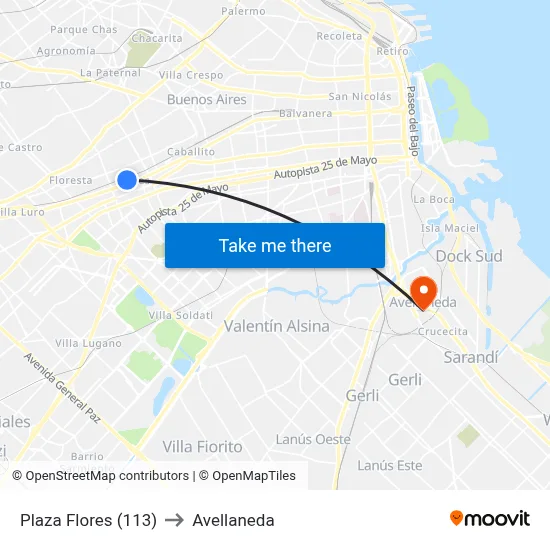 Plaza Flores (113) to Avellaneda map