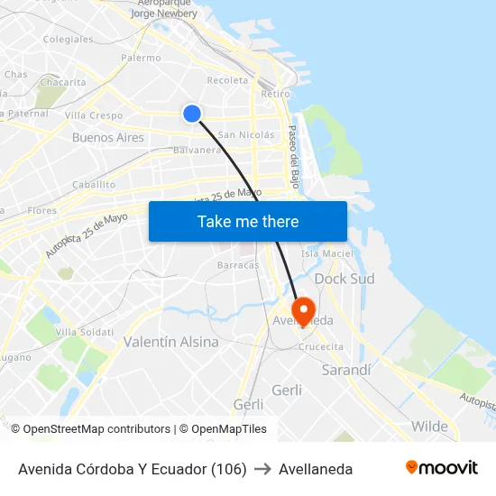 Avenida Córdoba Y Ecuador (106) to Avellaneda map