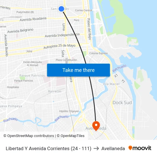 Libertad Y Avenida Corrientes (24 - 111) to Avellaneda map