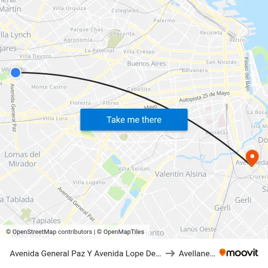 Avenida General Paz Y Avenida Lope De Vega to Avellaneda map