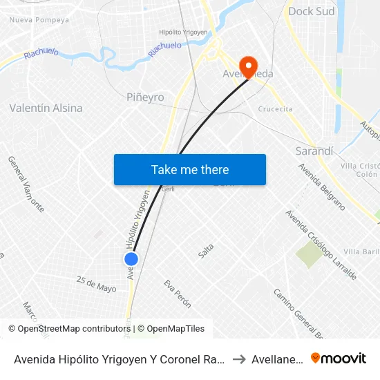 Avenida Hipólito Yrigoyen Y Coronel Ramos to Avellaneda map