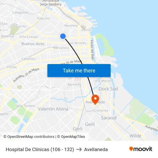 Hospital De Clínicas (106 - 132) to Avellaneda map