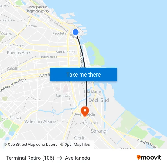 Terminal Retiro (106) to Avellaneda map