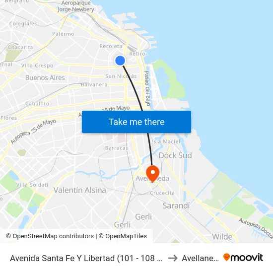 Avenida Santa Fe Y Libertad (101 - 108 - 152) to Avellaneda map
