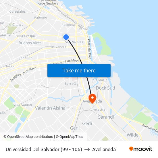 Universidad Del Salvador (99 - 106) to Avellaneda map
