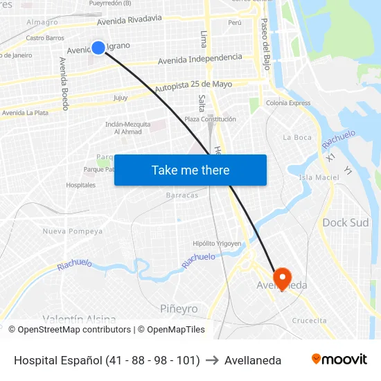 Hospital Español (41 - 88 - 98 - 101) to Avellaneda map
