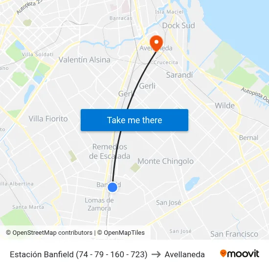 Estación Banfield (74 - 79 - 160 - 723) to Avellaneda map