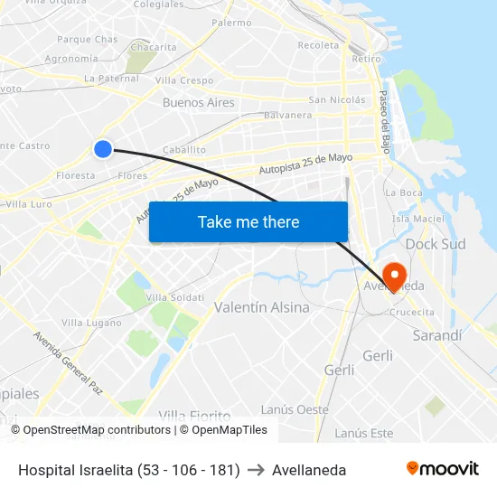 Hospital Israelita (53 - 106 - 181) to Avellaneda map
