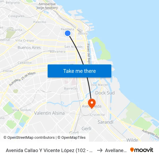 Avenida Callao Y Vicente López (102 - 110) to Avellaneda map