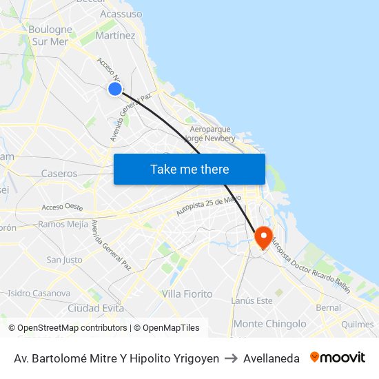 Av. Bartolomé Mitre Y Hipolito Yrigoyen to Avellaneda map