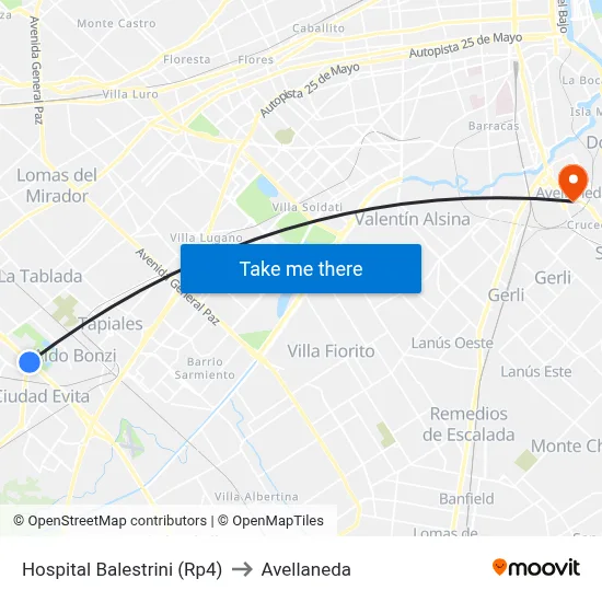Hospital Balestrini (Rp4) to Avellaneda map