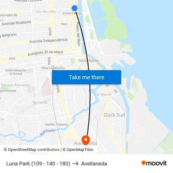 Luna Park (109 - 140 - 180) to Avellaneda map