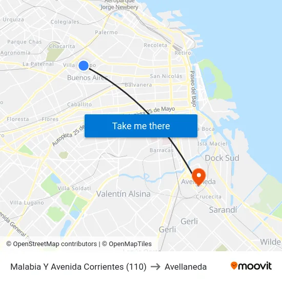 Malabia Y Avenida Corrientes (110) to Avellaneda map