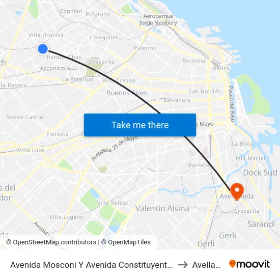 Avenida Mosconi Y Avenida Constituyentes (107 - 114) to Avellaneda map