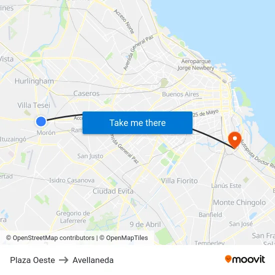 Plaza Oeste to Avellaneda map