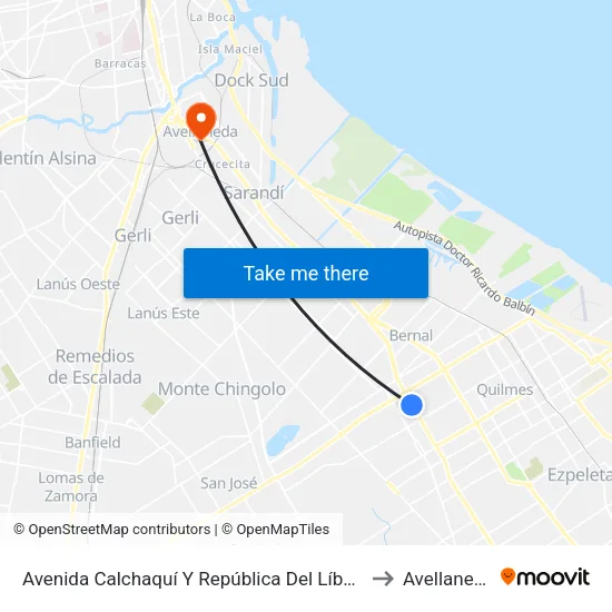 Avenida Calchaquí Y República Del Líbano (85 - 98 - 148 - 257 - 293) to Avellaneda map