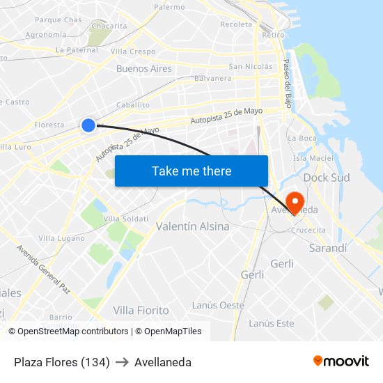 Plaza Flores (134) to Avellaneda map