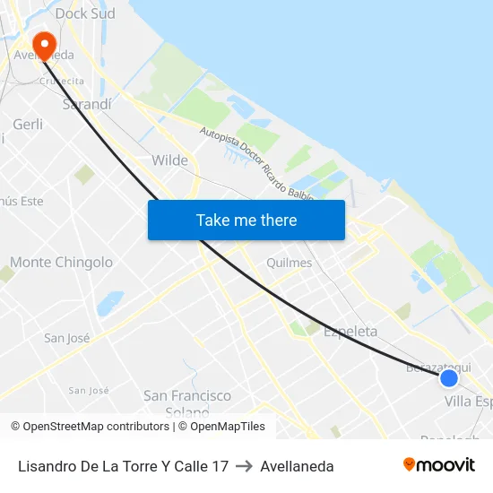 Lisandro De La Torre Y Calle 17 to Avellaneda map
