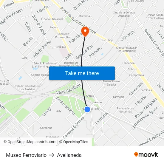Museo Ferroviario to Avellaneda map