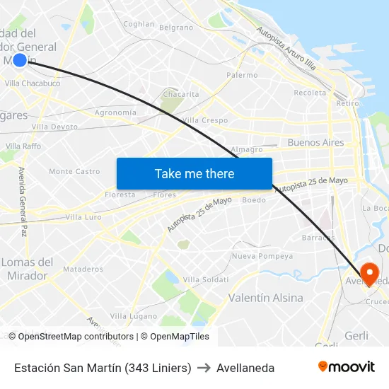 Estación San Martín (343 Liniers) to Avellaneda map