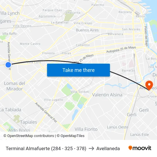 Terminal Almafuerte (284 - 325 - 378) to Avellaneda map