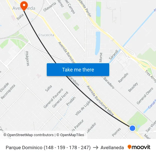Parque Domínico (148 - 159 - 178 - 247) to Avellaneda map