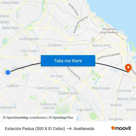 Estación Padua (500 X El Ceibo) to Avellaneda map