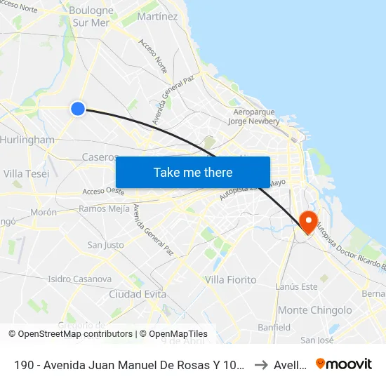 190 - Avenida Juan Manuel De Rosas Y 101 - Avenida Balbín (Rotonda) to Avellaneda map