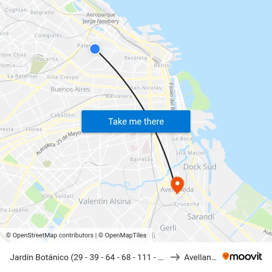 Jardín Botánico (29 - 39 - 64 - 68 - 111 - 152 - 194) to Avellaneda map