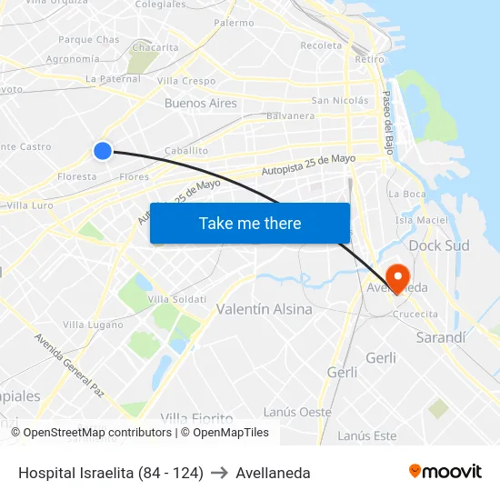 Hospital Israelita (84 - 124) to Avellaneda map