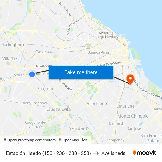 Estación Haedo (153 - 236 - 238 - 253) to Avellaneda map