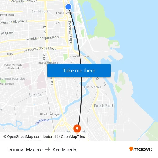 Terminal Madero to Avellaneda map