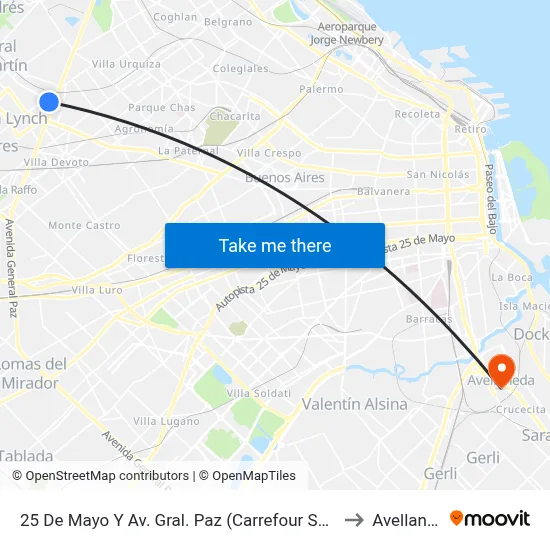 25 De Mayo Y Av. Gral. Paz (Carrefour San Martín) to Avellaneda map
