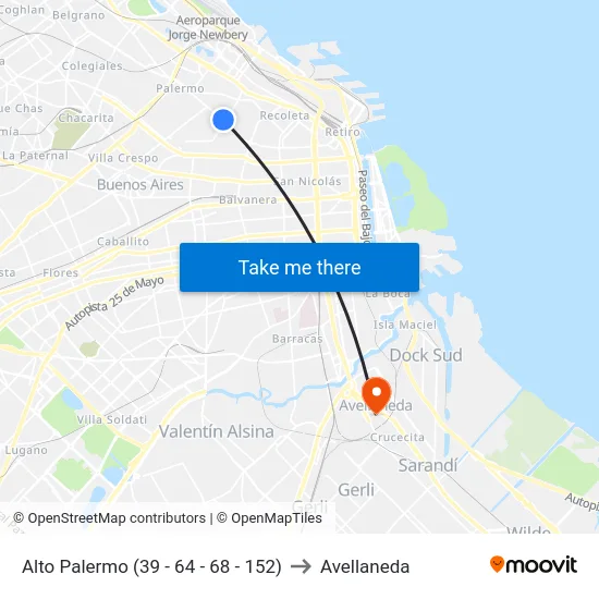 Alto Palermo (39 - 64 - 68 - 152) to Avellaneda map