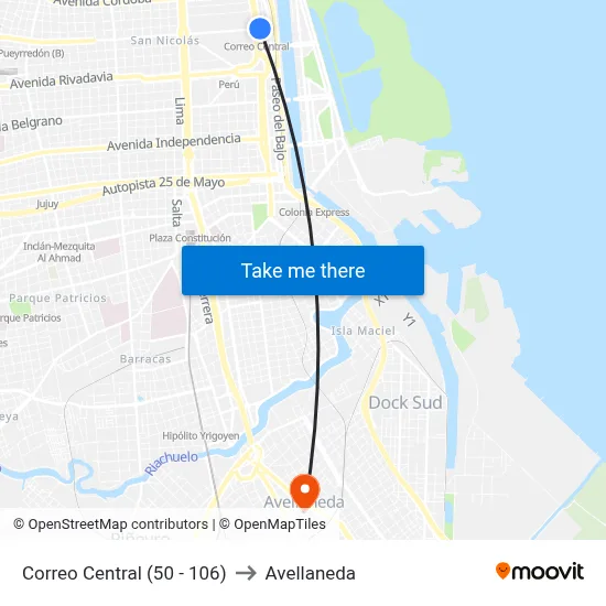 Correo Central (50 - 106) to Avellaneda map