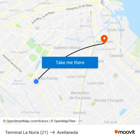 Terminal La Noria (21) to Avellaneda map