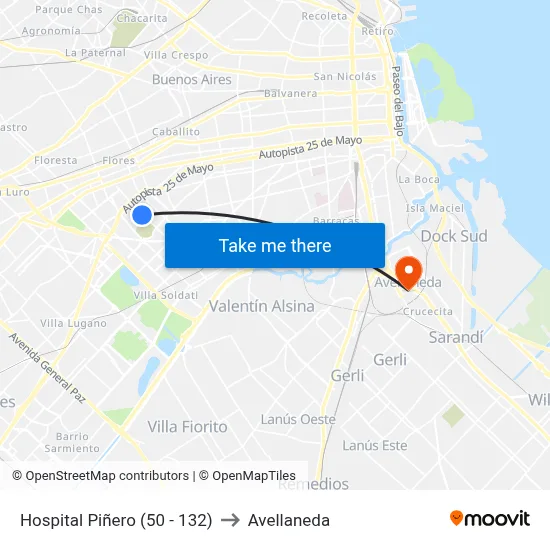 Hospital Piñero (50 - 132) to Avellaneda map