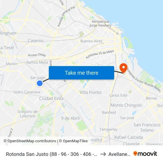 Rotonda San Justo (88 - 96 - 306 - 406 - 621) to Avellaneda map