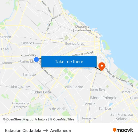 Estacion Ciudadela to Avellaneda map