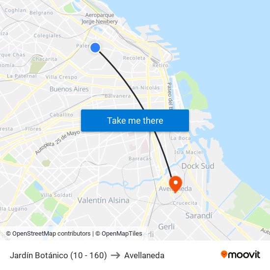 Jardín Botánico (10 - 160) to Avellaneda map