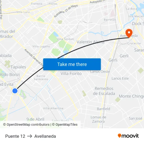 Puente 12 to Avellaneda map